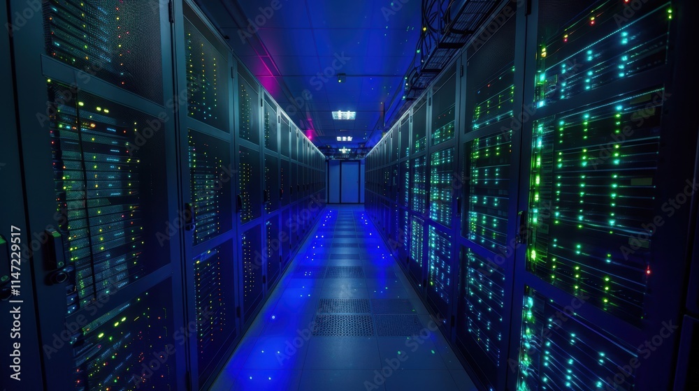 A modern server room with glowing blue and green lights, showing powerful AI servers processing vast amounts of data A modern server room with glowing blue and green lights, showing powerful AI servers processing vast amounts of data