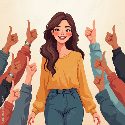 Public approval for a happy woman standing among positive gestures of support and acceptance. People support the blogger bride by expressing approval and sincere comments or agreeing.