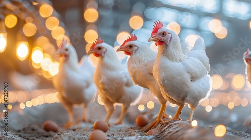 A poultry farm with automated feeders and egg collection systems, emphasizing modern methods in poultry production photo