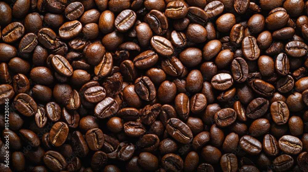 Fototapeta premium Macro view of roasted coffee beans with detailed texture