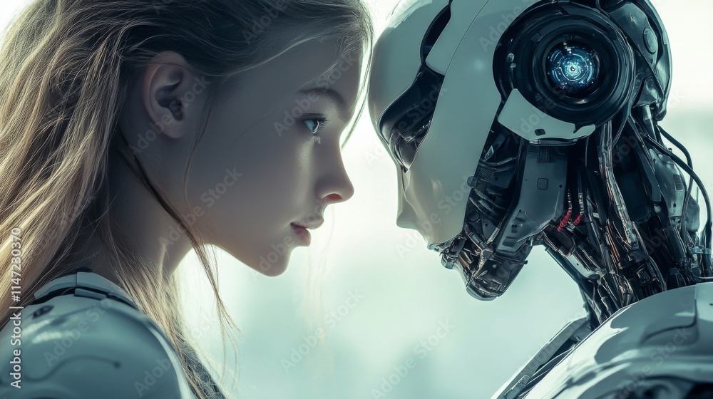 Closeup of a woman and a futuristic robot facing each other Closeup of a woman and a futuristic robot facing each other