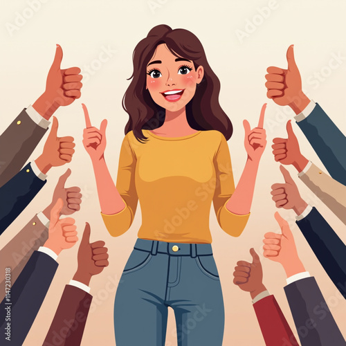Public approval for a happy woman standing among positive gestures of support and acceptance. People support the blogger bride by expressing approval and sincere comments or agreeing.