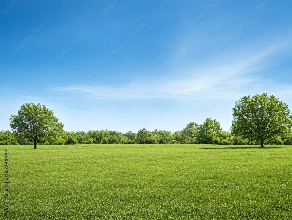 Fototapeta premium A serene landscape featuring green grass and trees under a clear blue sky.