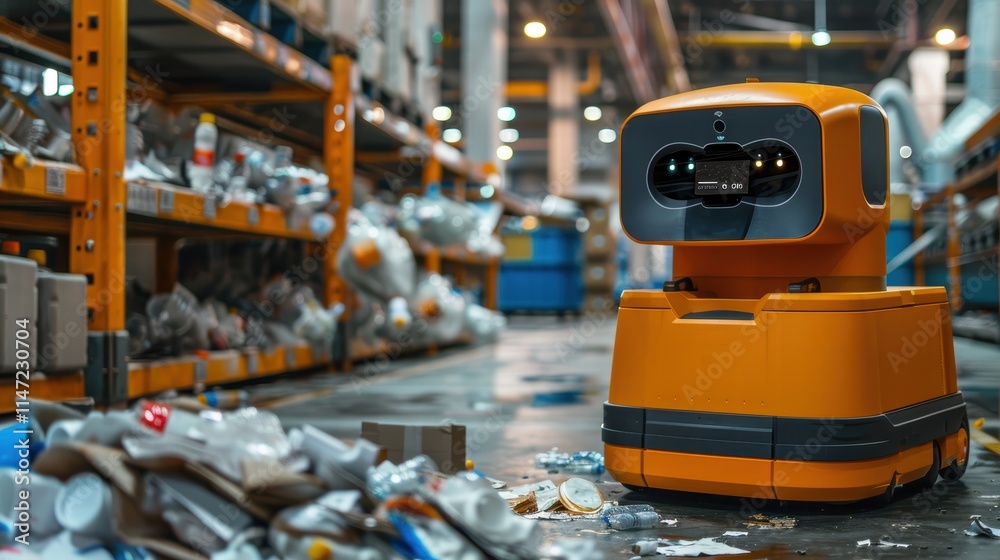 A recycling robot in an urban facility, using AI to sort and separate recyclable materials efficiently, promoting waste reduction A recycling robot in an urban facility, using AI to sort and separate recyclable materials efficiently, promoting waste reduction