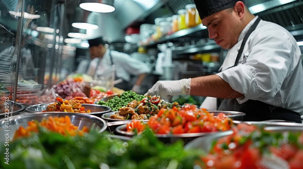 A restaurant kitchen with chefs preparing dishes with fresh ingredients, showcasing culinary creativity in the food industry A restaurant kitchen with chefs preparing dishes with fresh ingredients, showcasing culinary creativity in the food industry
