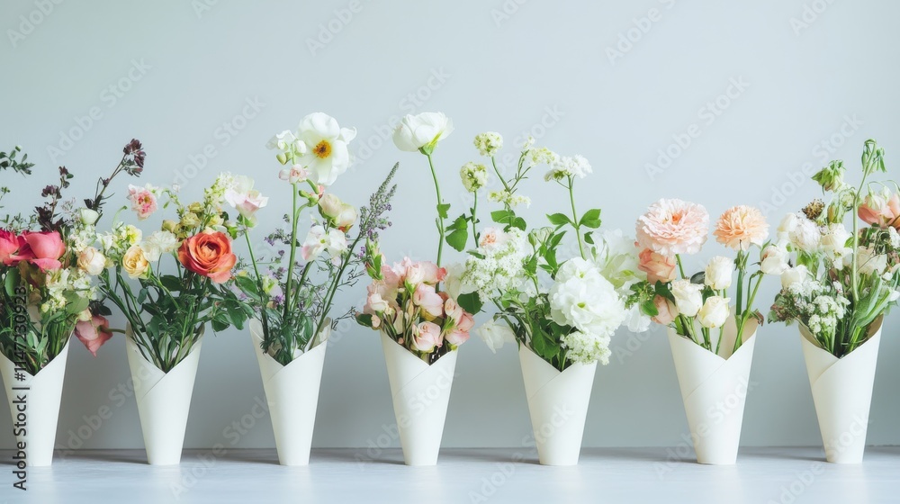 botanical styling with wrapped flowers, spring garden blooms, white cone paper holder, neutral background, commercial product shot, professional lighting, fashion magazine aesthetic botanical styling with wrapped flowers, spring garden blooms, white cone paper holder, neutral background, commercial product shot, professional lighting, fashion magazine aesthetic