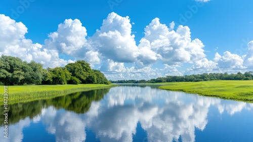 A calm river reflects fluffy white clouds under a vibrant blue sky with lush green trees lining the banks.