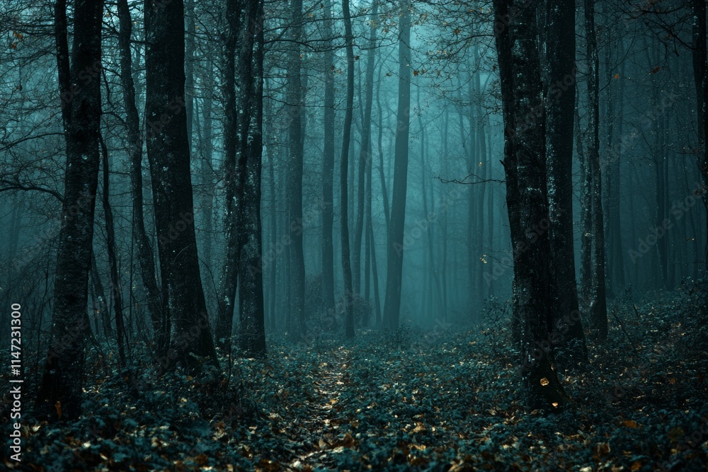 Fototapeta premium A misty forest scene with tall trees and a path covered in fallen leaves.