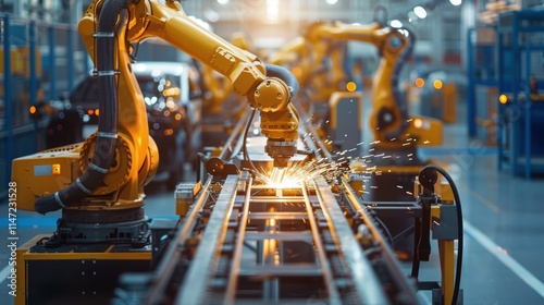 A robotic assembly line in an advanced manufacturing plant, with multiple robots working seamlessly together to build products photo