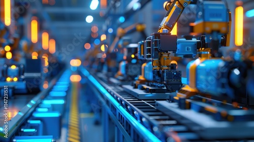 A robotic assembly line in an advanced manufacturing plant, with multiple robots working seamlessly together to build products photo