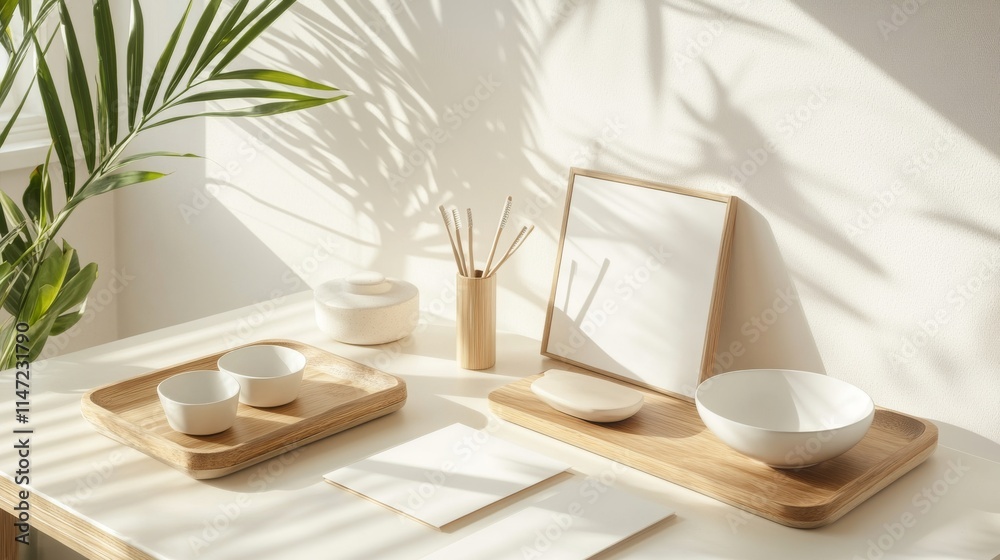 creative workspace layout, elegant white paper template, professional desk accessories, botanical desk plants, wooden elements, monochromatic design, high-key photography