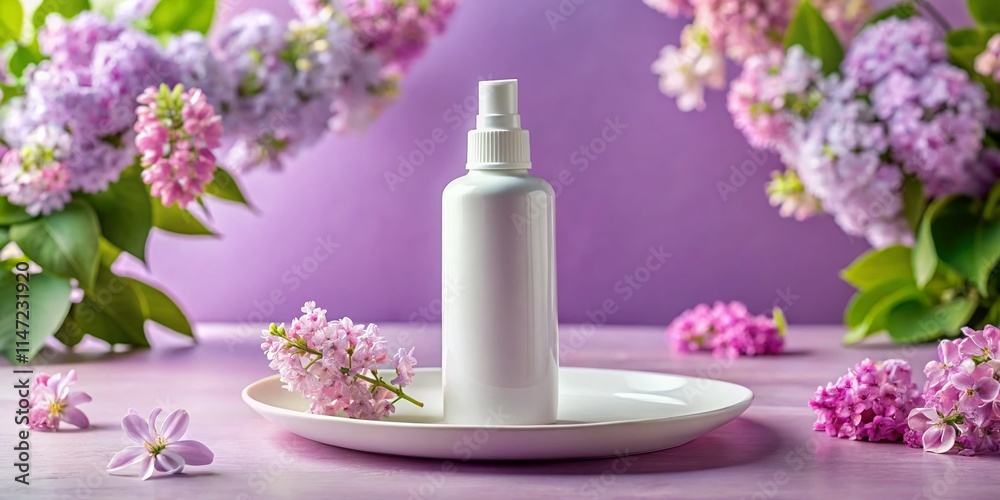 AI Generated Product Mockup: Spray Bottle on Pink Plate Stand AI Generated Product Mockup: Spray Bottle on Pink Plate Stand