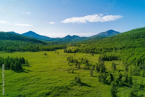 A scenic view of lush green fields and mountains under a clear blue sky.