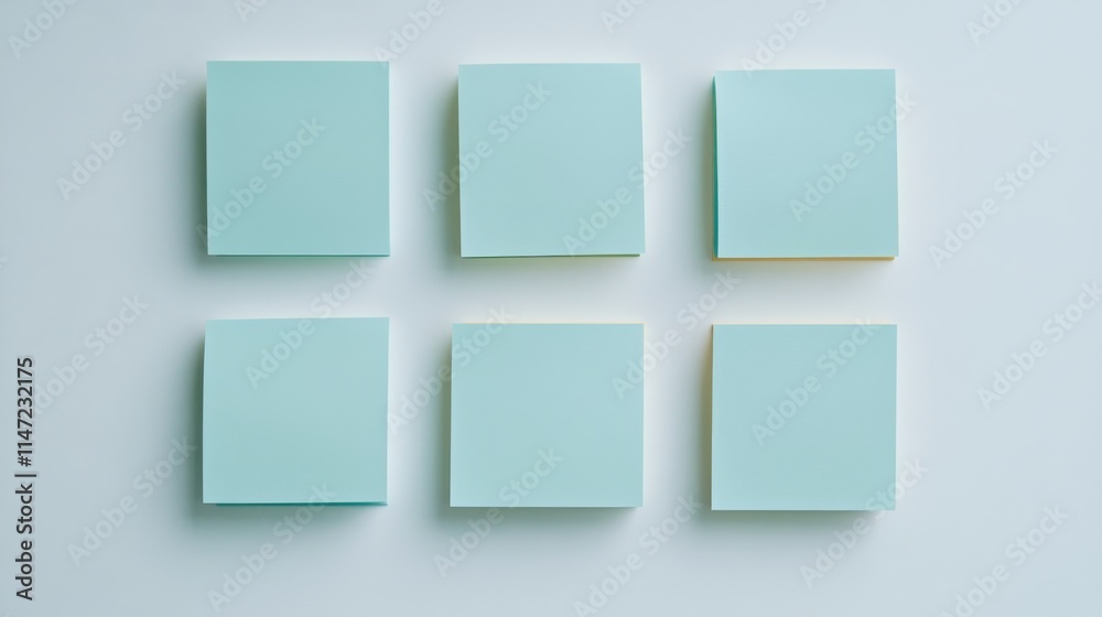 Eight square adhesive notes arranged in two rows, pastel turquoise notes with single marigold accent, subtle drop shadows, pure white surface, minimalist business layout, gentle studio lighting Eight square adhesive notes arranged in two rows, pastel turquoise notes with single marigold accent, subtle drop shadows, pure white surface, minimalist business layout, gentle studio lighting