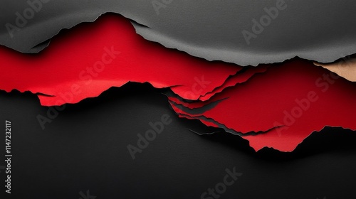 dynamic paper rip pattern, bold red and black palette, contemporary typography arrangement, commercial product photography, detailed paper texture, professional studio lighting, minimalist design