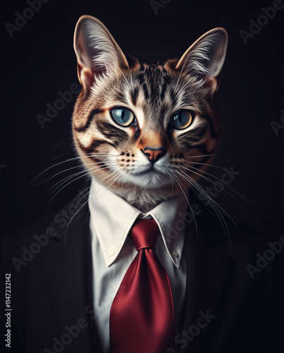 A Dapper Cat in a Suit:  A Feline Business Mogul, Portrait of a Sophisticated Tabby Cat Dressed in a Sharp Business Suit and Red Tie,  Exuding Confidence and Charm