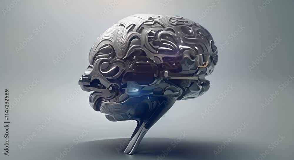 Cybernetic Brain A futuristic 3D rendering of a human brain integrated into a complex technological mechanism symbolizing artificial intelligence neural networks 4K