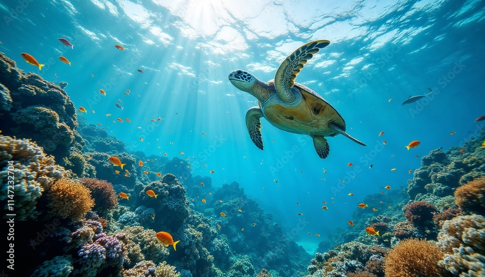 Fototapeta premium Sea turtle swimming in coral reef, underwater view and sunlight rays