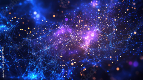 Abstract background with blue and purple glowing connections on a dark space, a technology concept for digital network connection