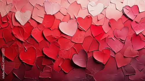 fractured heart collection, ombre red paper hearts, organized heartbreak pattern, contemporary valentine aesthetic, clean torn paper design, minimalist emotional artwork