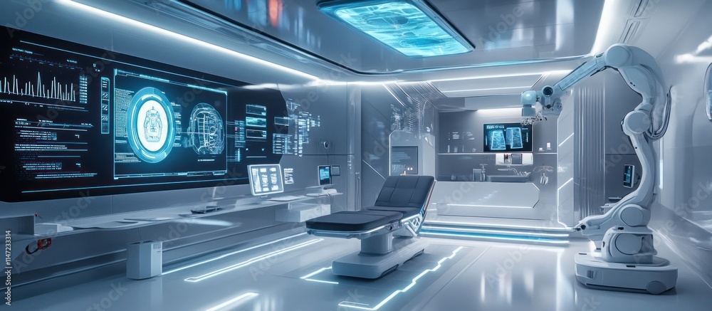 Futuristic medical room with robotic arm, digital screens, and examination table.