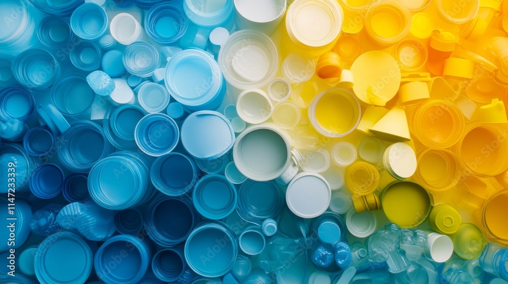 gradient collection plastic containers, color spectrum arrangement, blue to yellow transition, recycled materials, overhead photography, environmental art installation, sorted household items, gradient collection plastic containers, color spectrum arrangement, blue to yellow transition, recycled materials, overhead photography, environmental art installation, sorted household items,