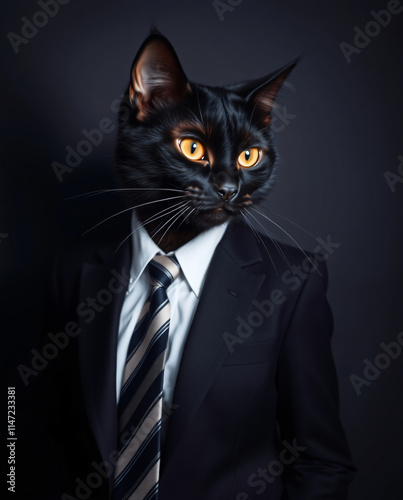 A Sophisticated Black Cat in a Business Suit: A  Humorous Portrait of Feline Elegance
