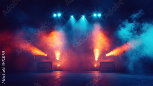 Wallpaper Mural Concert stage with smoky atmosphere, illuminated by vibrant blue and orange spotlights. Torontodigital.ca