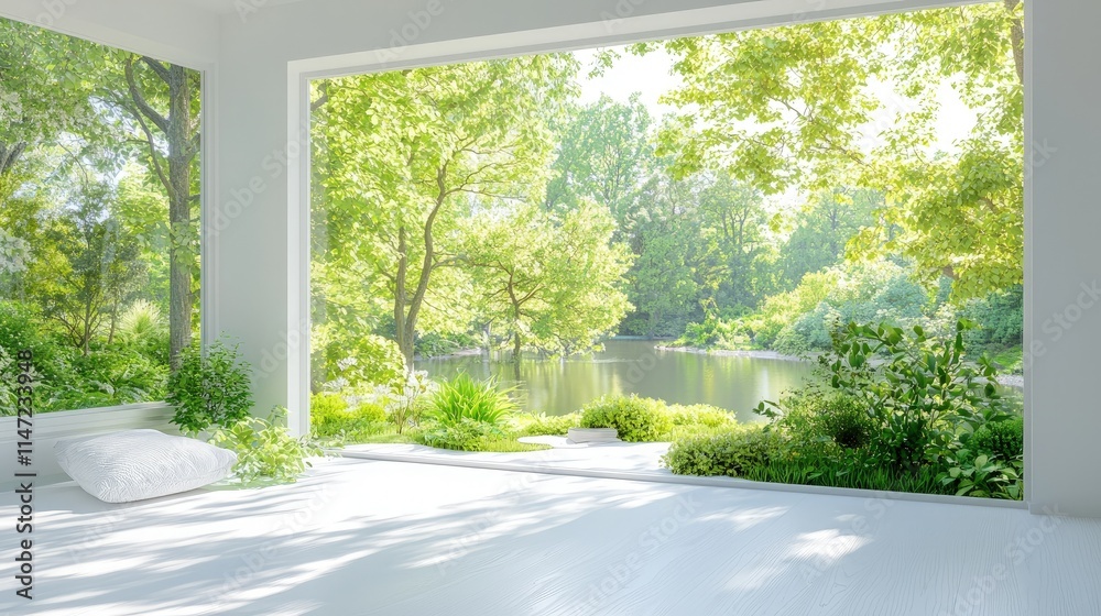 Serene room with large window overlooking lush green landscape. Serene room with large window overlooking lush green landscape.