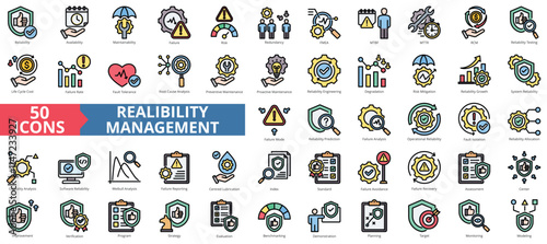 Reliability management icon collection set. Containing availability, maintainability, failure, risk, redundancy, fmea, and mtbf icon. Simple flat outline vector illustration