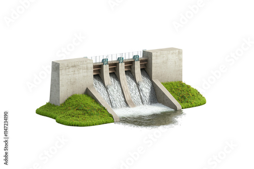 A concrete dam with multiple sluice gates releasing water onto grassy terrain.