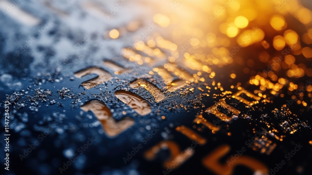 Close-up of textured metallic surface with embossed numbers, illuminated with warm light.