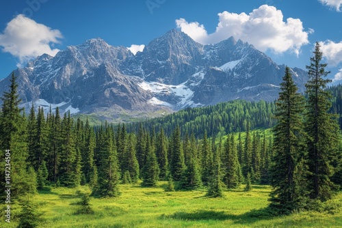 A scenic view of majestic mountains surrounded by lush green forests and a clear blue sky.