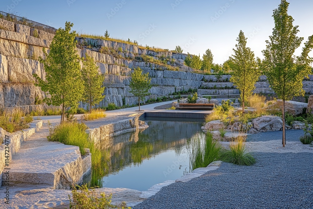 Naklejka premium A serene landscape featuring stone terraces, greenery, and a reflective pond.