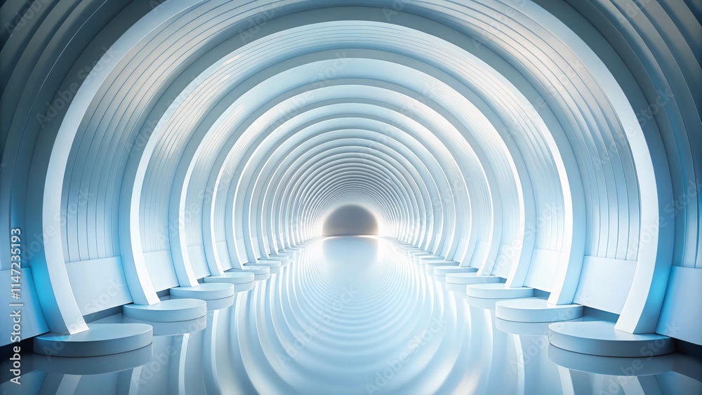 Obraz premium Futuristic White Tunnel Circular Ridges, Empty Space, AI Art, Sci-Fi, Tunnel Design