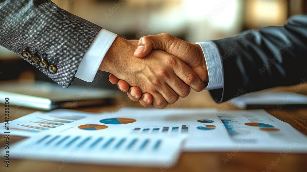Businessmen shaking hands over documents.