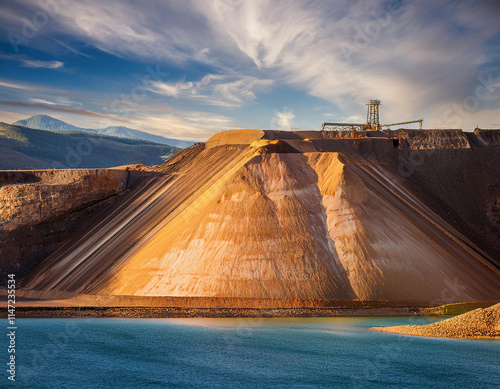 A dramatic industrial mining site features golden sand dunes against a turquoise lake under a dramatic cloudy sky.