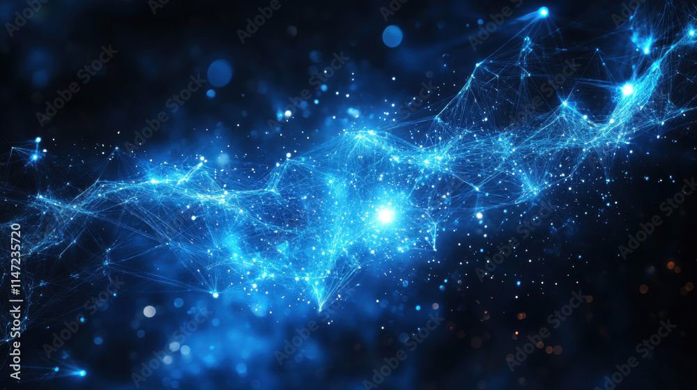 Abstract digital background with glowing connections and light particles on a blue backdrop, representing a technology or global network concept Abstract digital background with glowing connections and light particles on a blue backdrop, representing a technology or global network concept