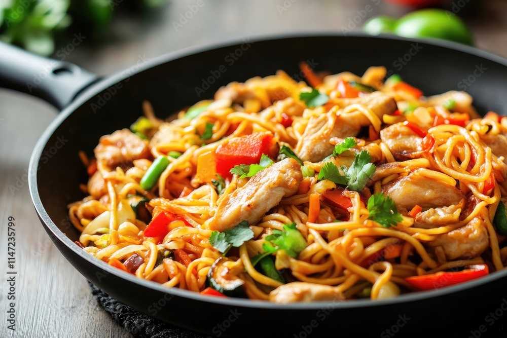 Delicious chicken stir-fry noodles with colorful vegetables in a black skillet. Delicious chicken stir-fry noodles with colorful vegetables in a black skillet.