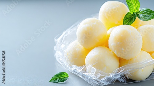 Creamy yellow cheese balls in plastic bag.
