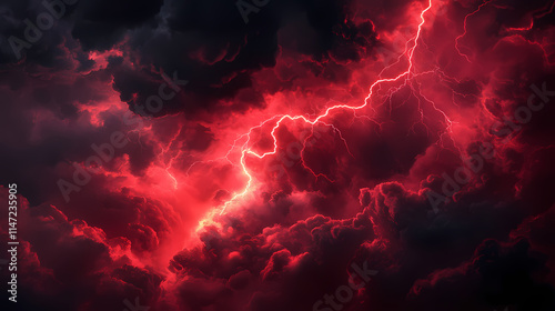 A dramatic red lightning strike illuminating dark stormy clouds. Illumine. Illustration