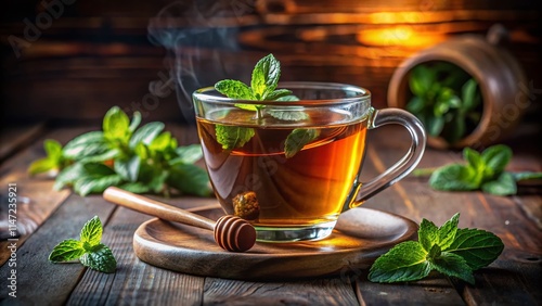 Hot Tea with Mint Garnish, Honey Dipper Close-Up