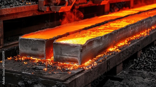 A steel processing facility with molten metal pouring into molds, creating durable parts for industrial applications photo