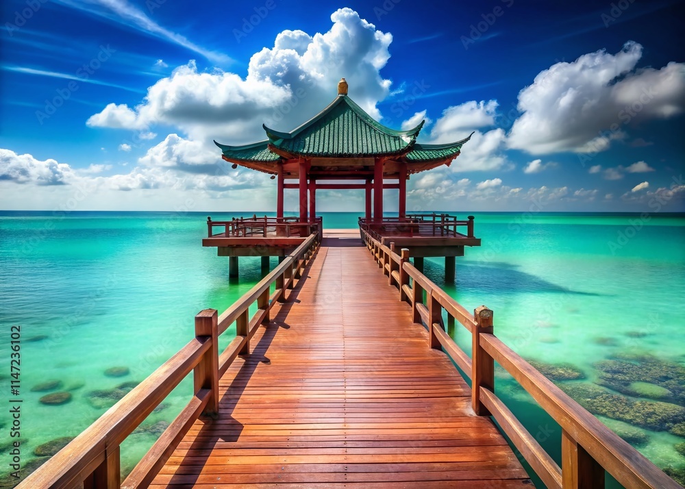Obraz premium Japanese Pavilion Pier Turquoise Sea Double Exposure