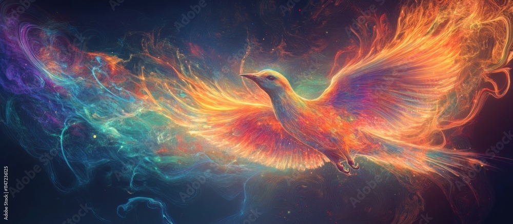 Fiery phoenix bird in flight amidst colorful smoke. Fiery phoenix bird in flight amidst colorful smoke.