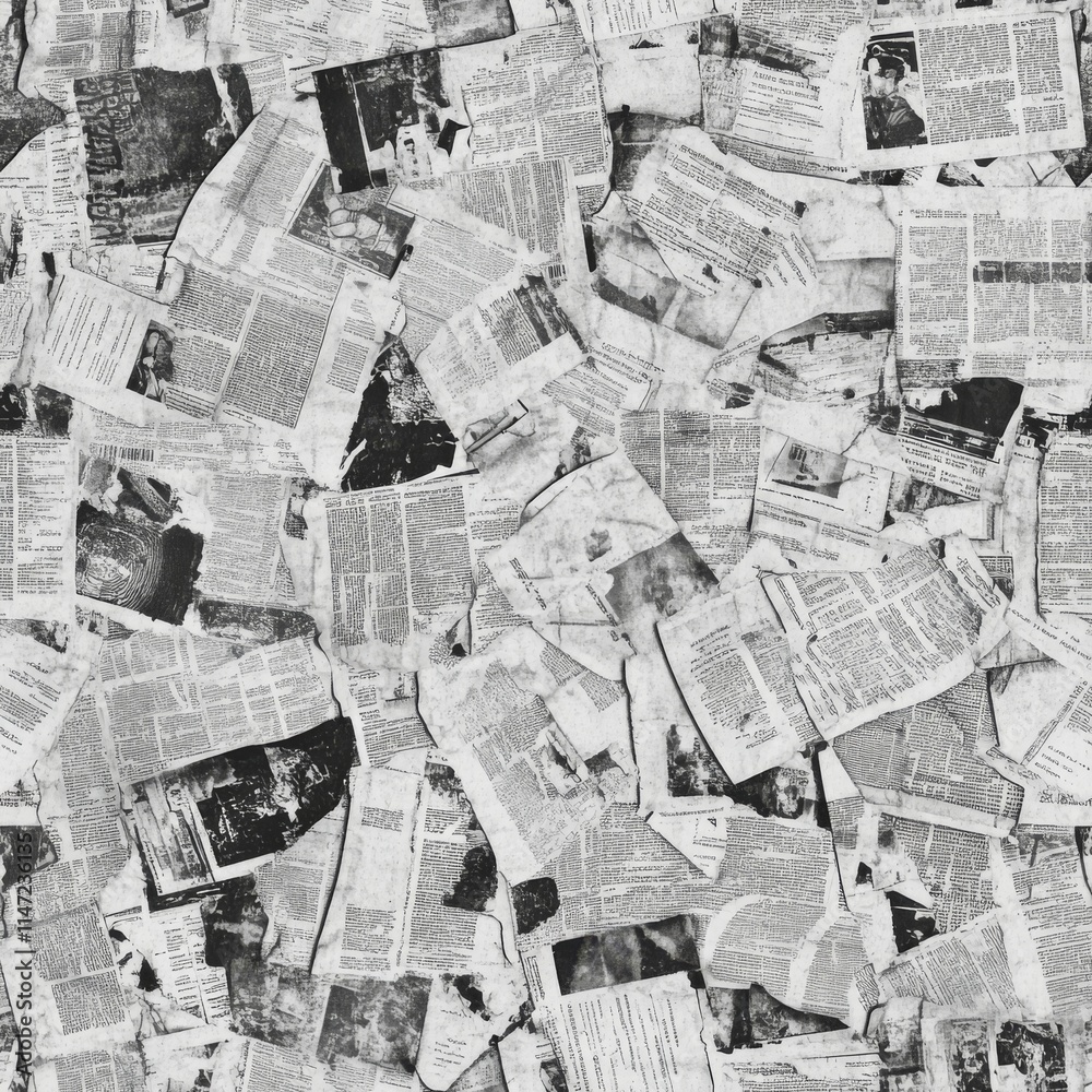 scattered newspaper clippings texture, aged periodical pattern, torn paper elements, retro newsprint design, faded text blocks, vintage media composition, grayscale press style scattered newspaper clippings texture, aged periodical pattern, torn paper elements, retro newsprint design, faded text blocks, vintage media composition, grayscale press style