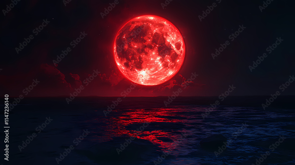 A glowing blood moon illuminating the night, with open copy space for message or branding. no people, surreal and captivating view. Illumine. Illustration