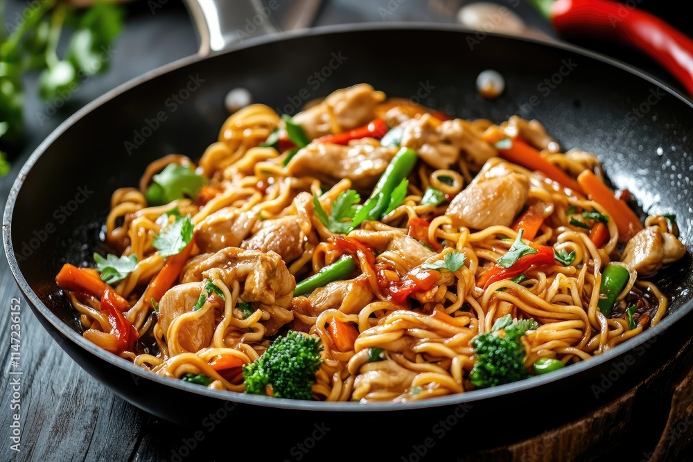 Delicious chicken stir-fry with noodles and vegetables in a black pan. Delicious chicken stir-fry with noodles and vegetables in a black pan.