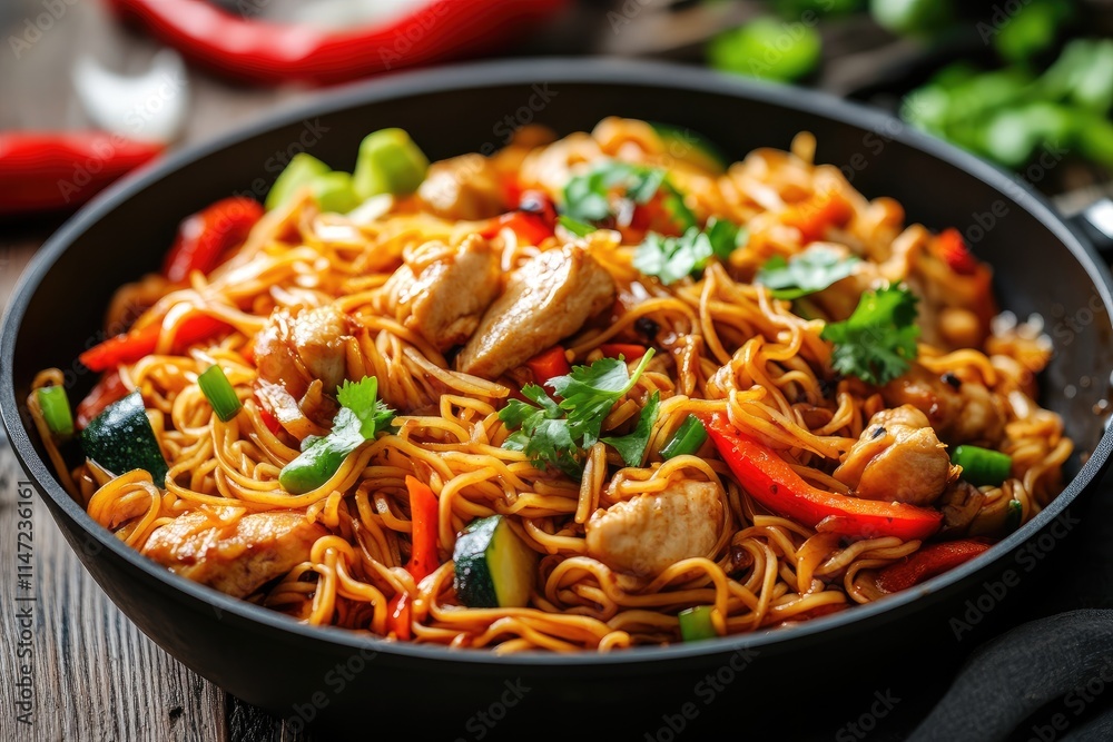 Delicious chicken stir-fry with noodles and vegetables in a wok. Delicious chicken stir-fry with noodles and vegetables in a wok.
