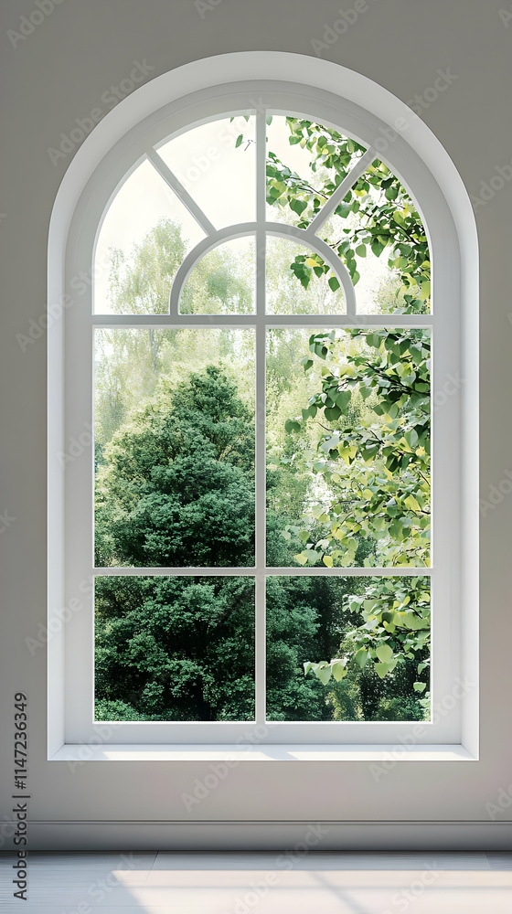 A large arched window showcasing lush greenery outside. A large arched window showcasing lush greenery outside.
